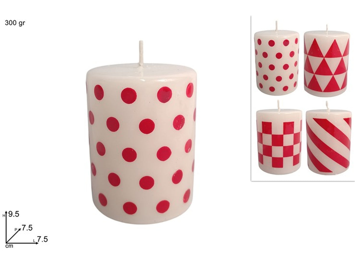 Candela moccolo 7,5x9,5cm 300gr bianco/rosso, 4 assortimenti