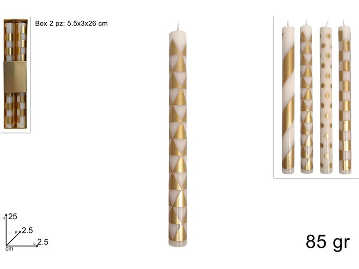 Candele conica liscia 25cm 85gr con decoro bianco/oro, set 2 candele in 4 assortimenti