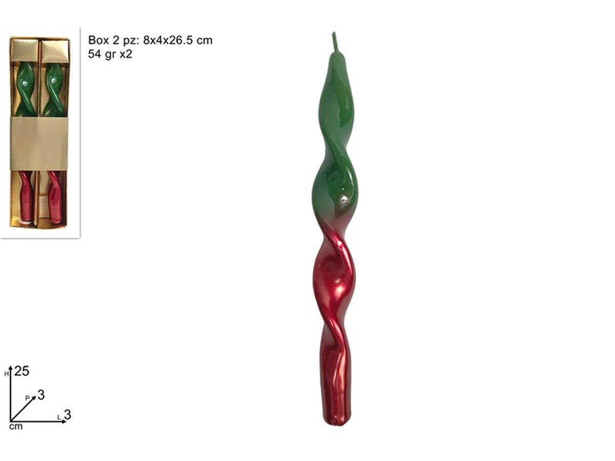 Candele torciglione 25cm 54gr rosso/verde, set 2 candele
