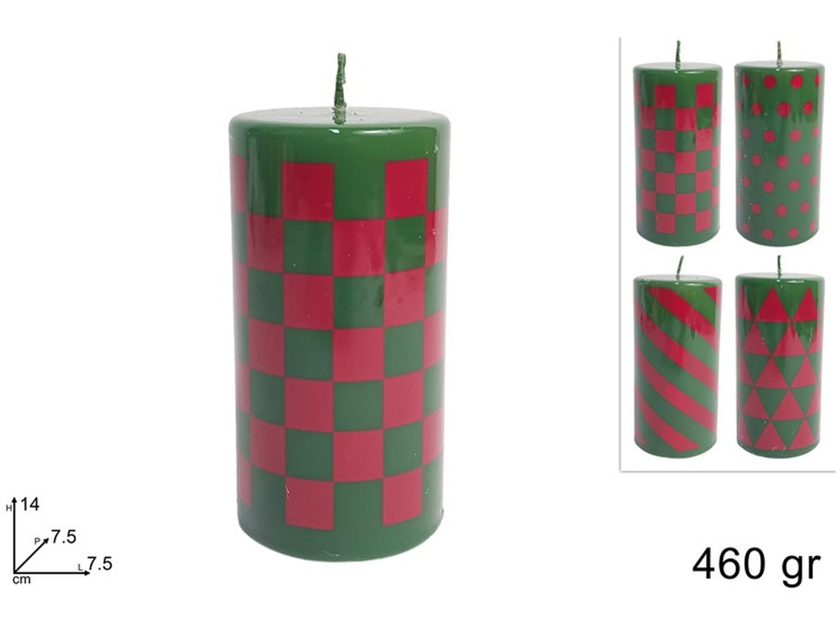 Candela moccolo 7,5x14cm 460gr con decoro rosso e verde, 4 assortimenti