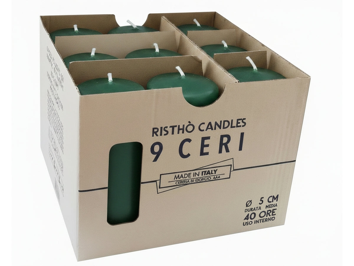 Candele moccolo 5xh.12cm verde scuro in confezione da 9 pezzi