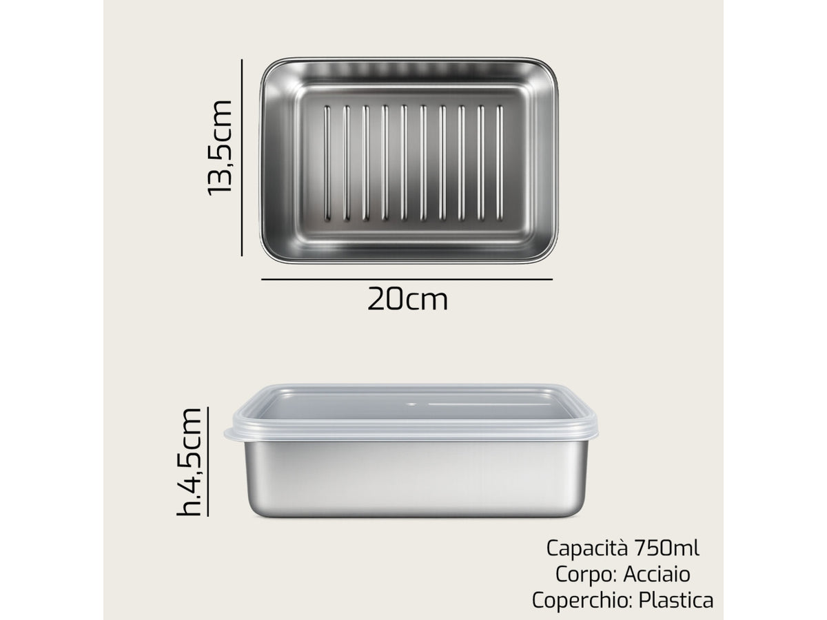Contenitore in acciaio 20x13,5h.4,5cm con coperchio.