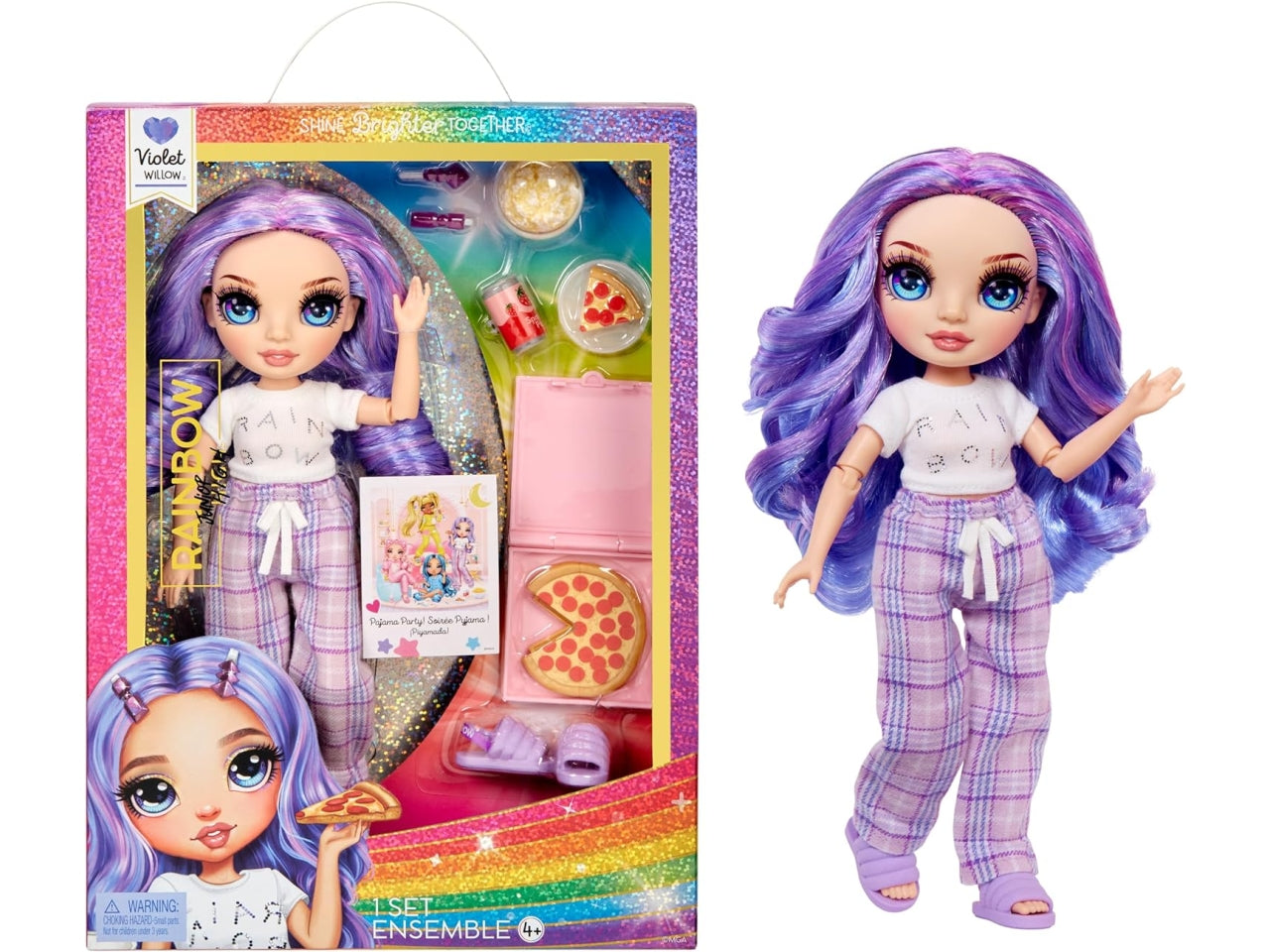 Rainbow junior high pj party fashion doll Violet, bambola con accessori, 4+ anni - Mga