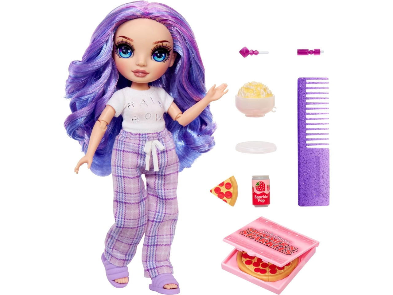 Rainbow junior high pj party fashion doll Violet, bambola con accessori, 4+ anni - Mga