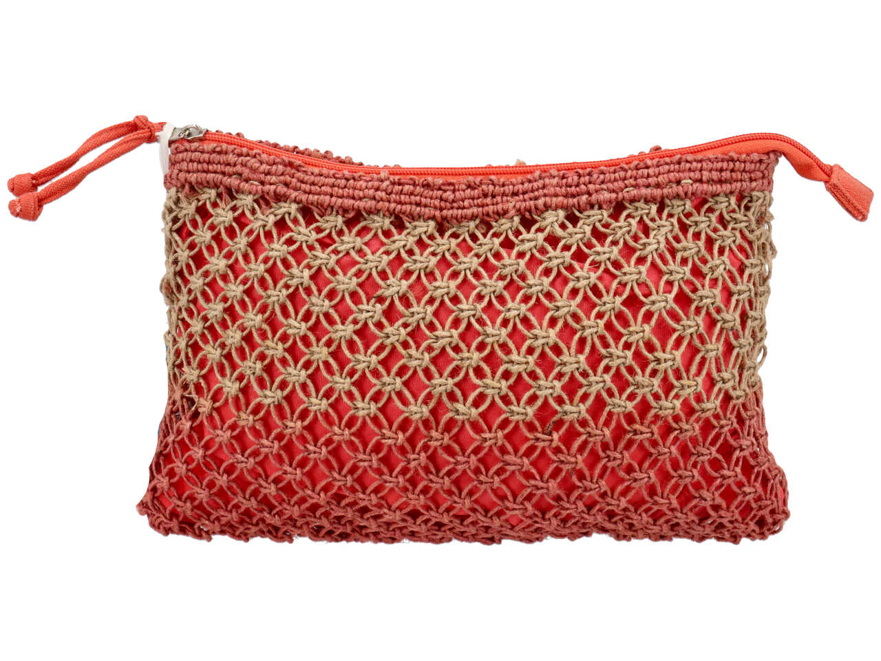 Borsa a mano in juta e macrame 31x20cm colore corallo