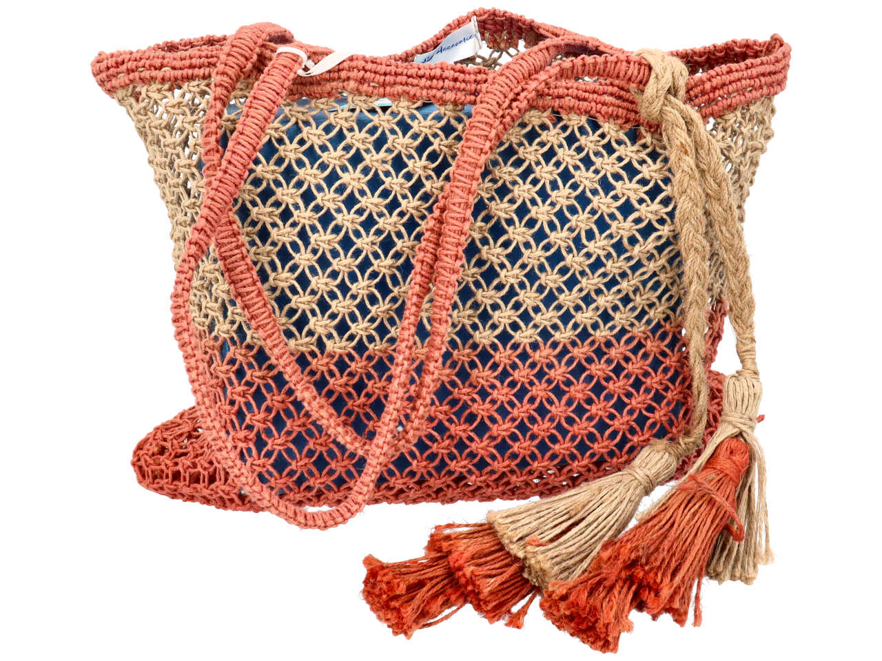 Borsa in juta e macrame colore corallo