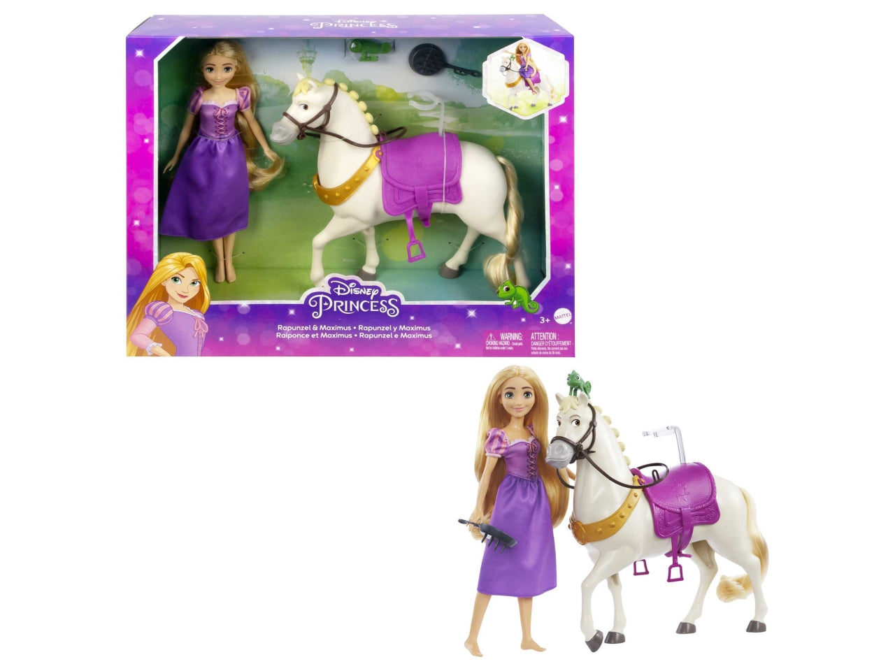 Disney Princess - Rapunzel e Maximus, con Pascal, spazzola e accessori da equitazione, ispirati al film Disney, Giocattolo per Bambini 3+ Anni - Mattel