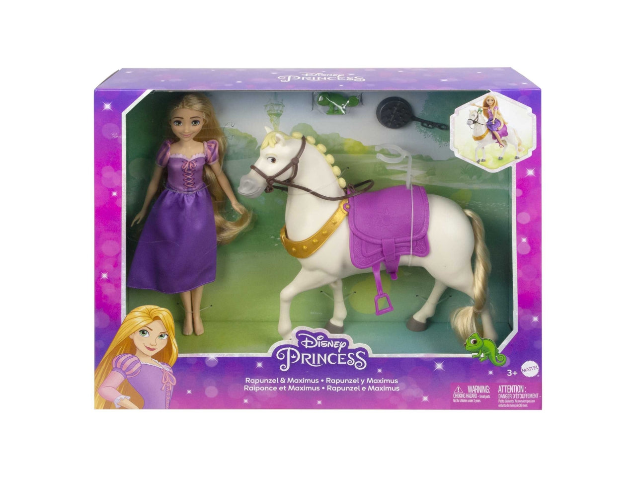 Disney Princess - Rapunzel e Maximus, con Pascal, spazzola e accessori da equitazione, ispirati al film Disney, Giocattolo per Bambini 3+ Anni - Mattel