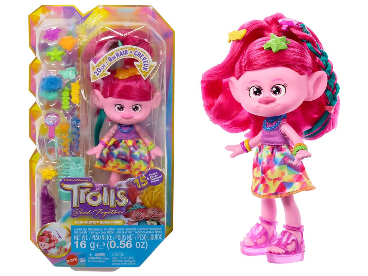 Trolls Regina Poppy con capelli glitter e 15+ accessori, per bambine dai 3+ anni, Mattel