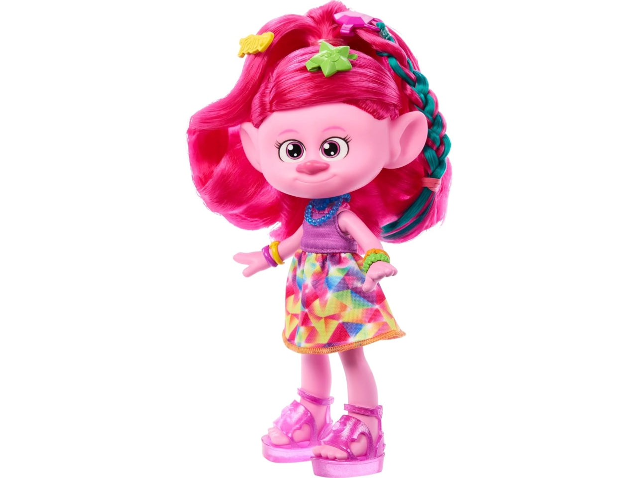 Trolls Regina Poppy con capelli glitter e 15+ accessori, per bambine dai 3+ anni, Mattel