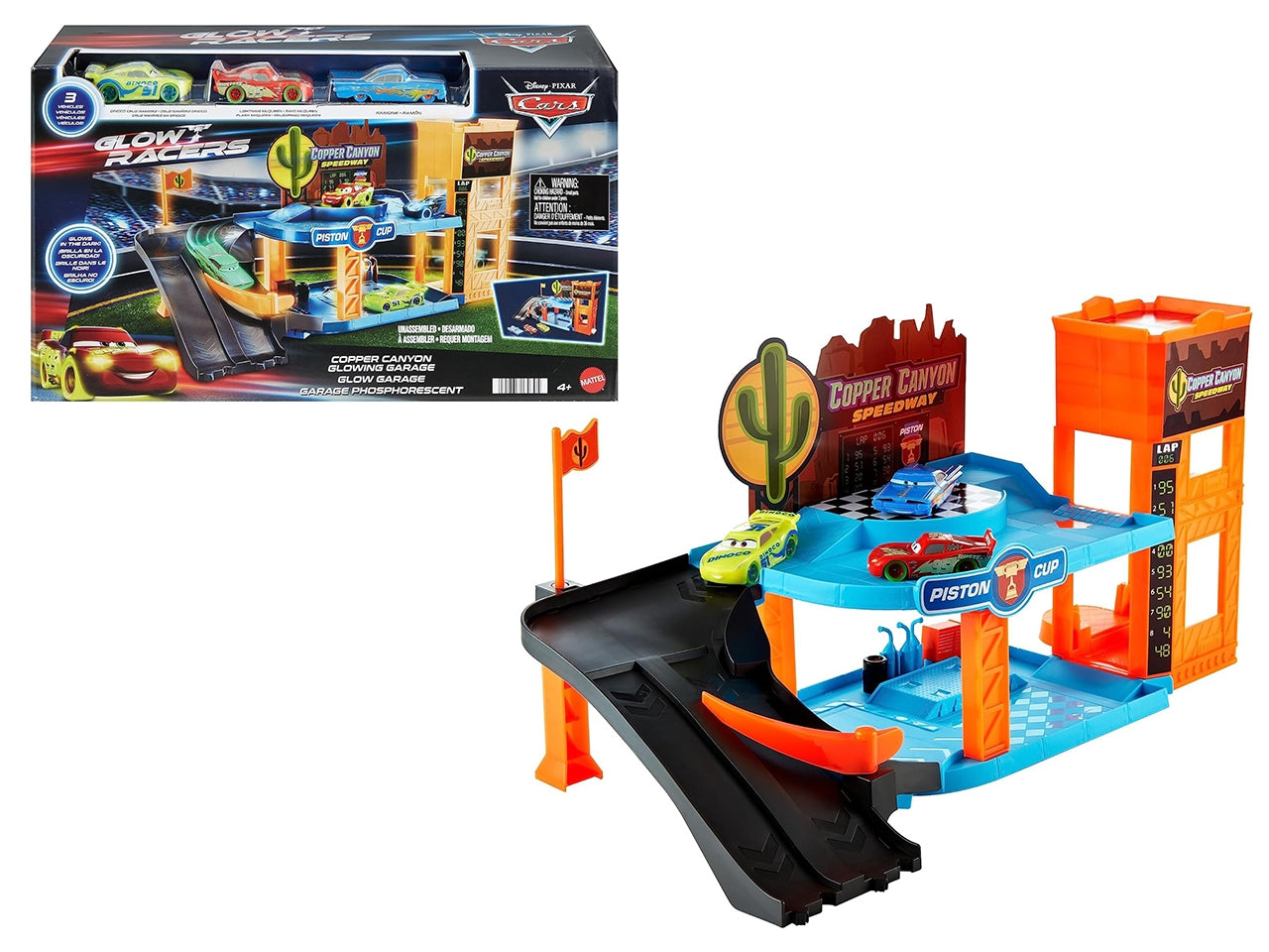 CARS - Garage Fluo di Cooper Canyon, playset Glow Racers a 2 Piani con 3 Auto Luminose Incluse, Officina e Ascensore funzionante, Si illimuna al Buio, Giocattolo per Bambini, 4+ Anni - Mattel