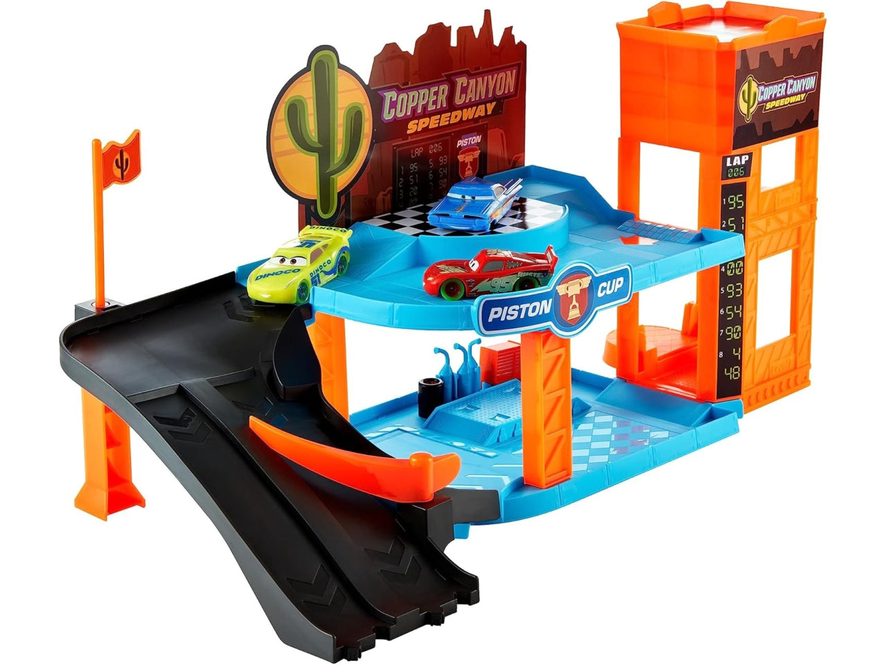 CARS - Garage Fluo di Cooper Canyon, playset Glow Racers a 2 Piani con 3 Auto Luminose Incluse, Officina e Ascensore funzionante, Si illimuna al Buio, Giocattolo per Bambini, 4+ Anni - Mattel