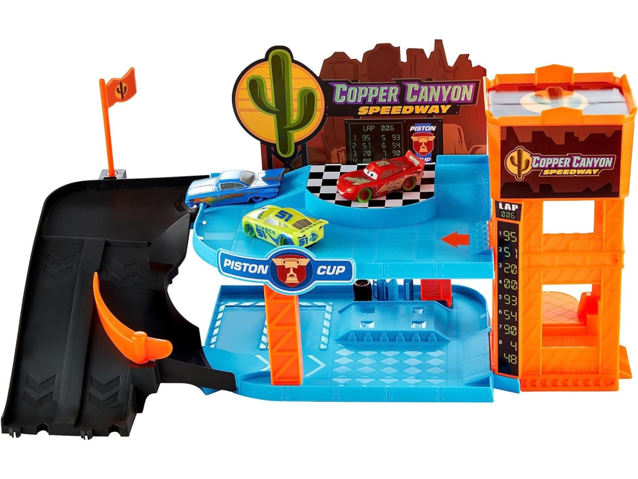 CARS - Garage Fluo di Cooper Canyon, playset Glow Racers a 2 Piani con 3 Auto Luminose Incluse, Officina e Ascensore funzionante, Si illimuna al Buio, Giocattolo per Bambini, 4+ Anni - Mattel