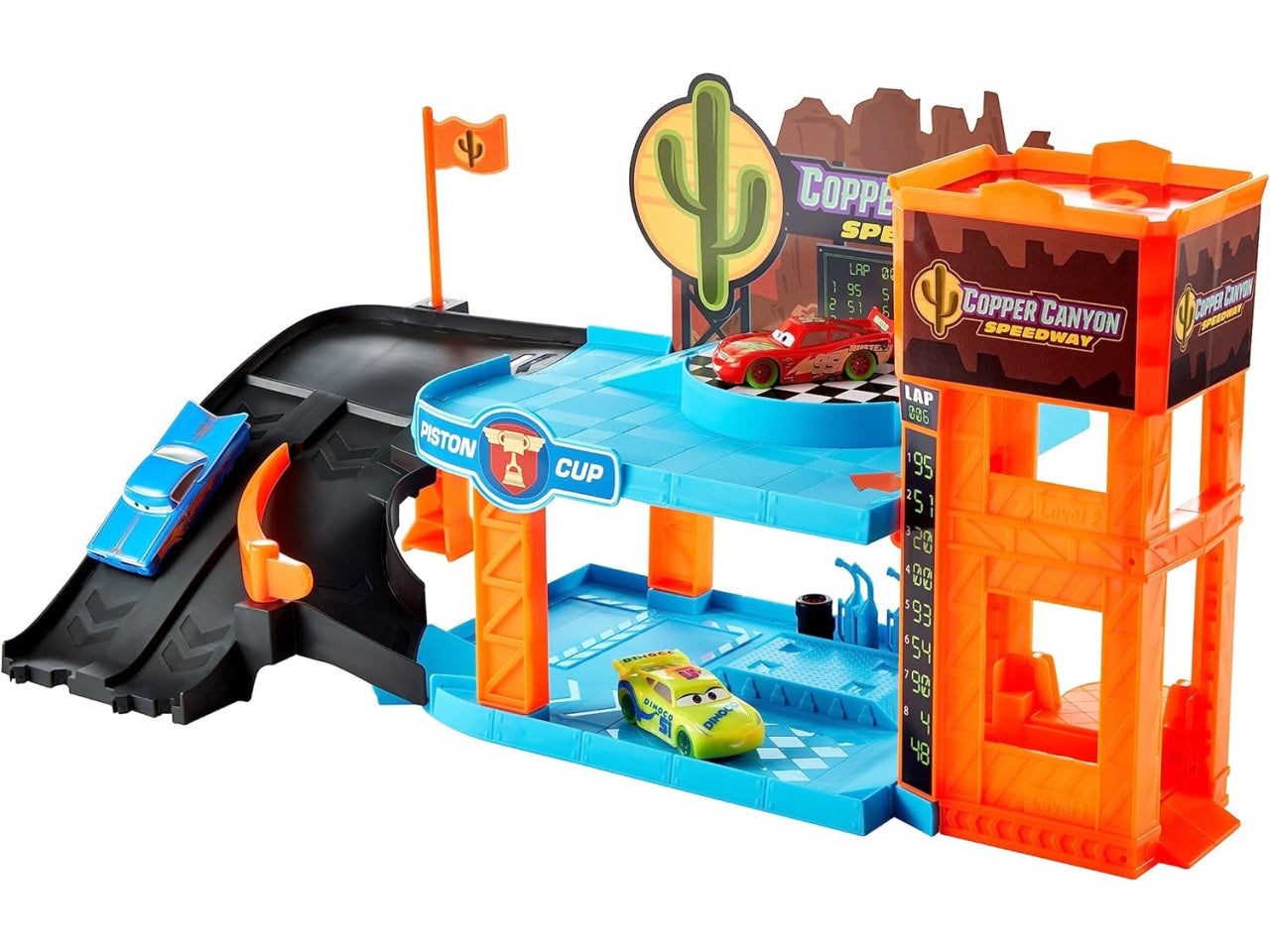 CARS - Garage Fluo di Cooper Canyon, playset Glow Racers a 2 Piani con 3 Auto Luminose Incluse, Officina e Ascensore funzionante, Si illimuna al Buio, Giocattolo per Bambini, 4+ Anni - Mattel