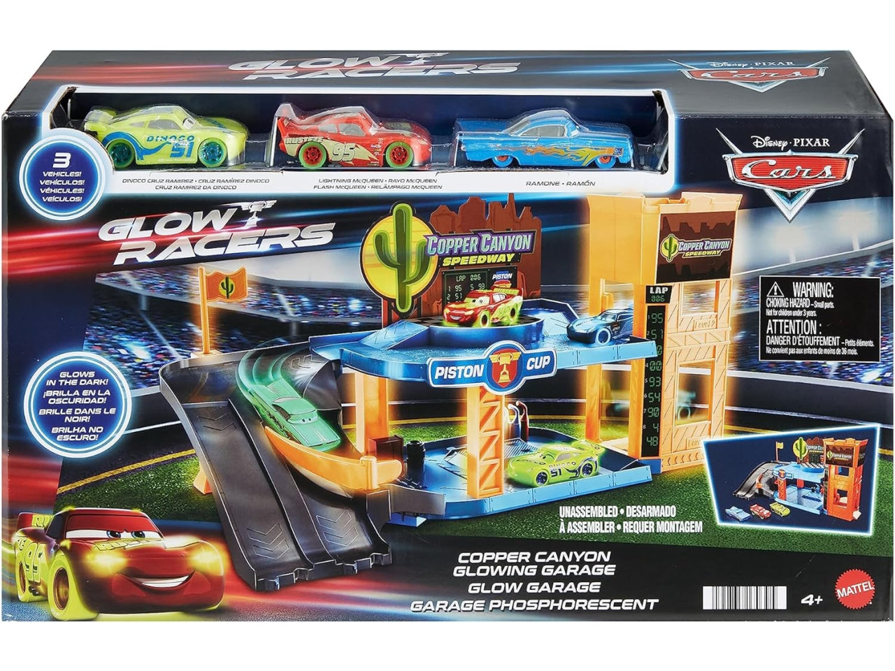 CARS - Garage Fluo di Cooper Canyon, playset Glow Racers a 2 Piani con 3 Auto Luminose Incluse, Officina e Ascensore funzionante, Si illimuna al Buio, Giocattolo per Bambini, 4+ Anni - Mattel