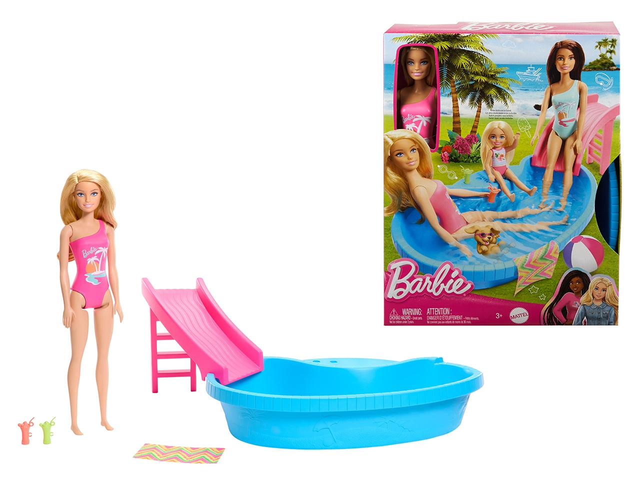 Barbie - Playset Piscina, con Bambola bionda in Costume Rosa Intero con Stampa Tropicale, Include Piscina, Scivolo, Telo e Bevande, Giocattolo per Bambini, 3+ Anni - Mattel