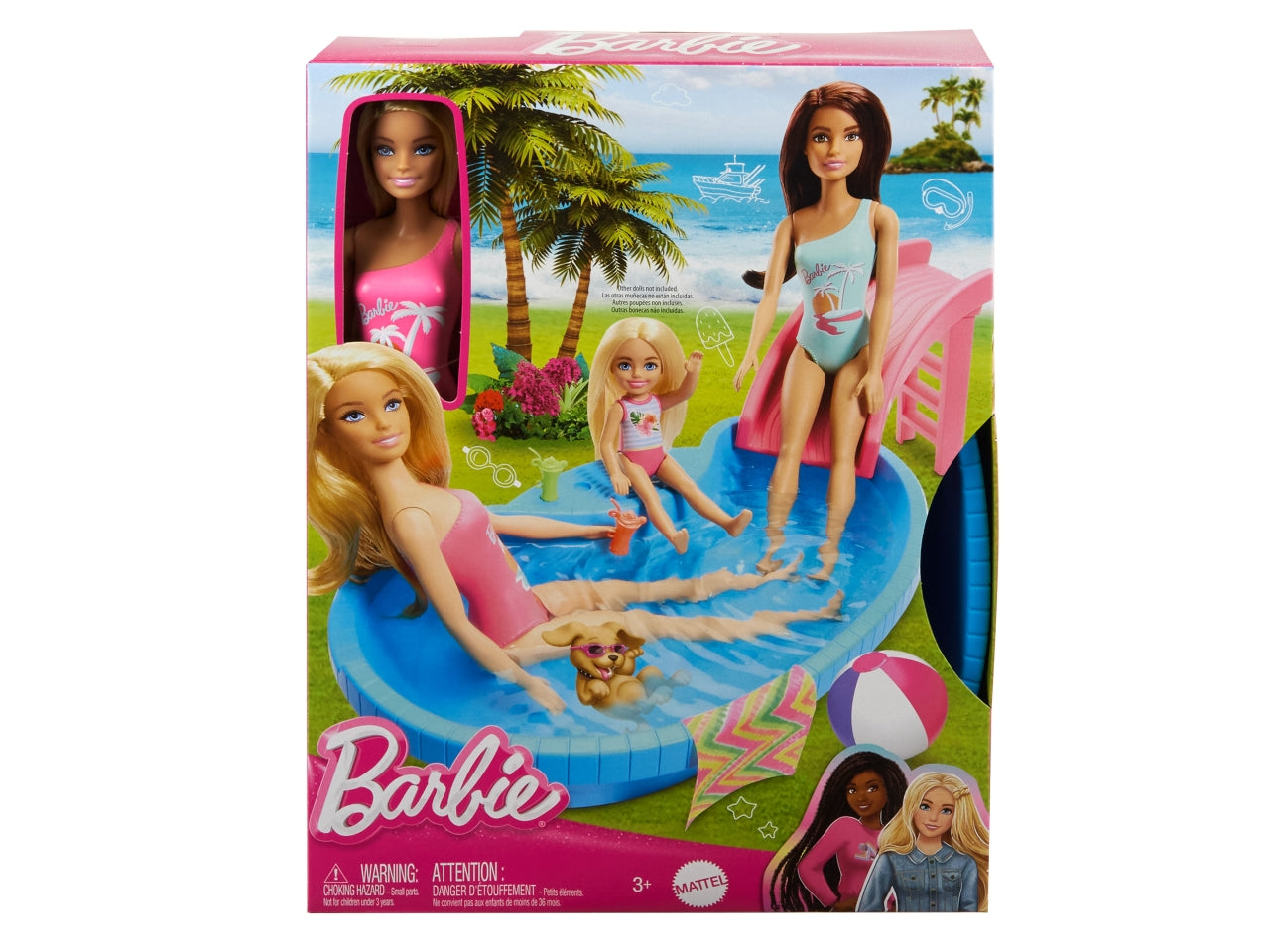 Barbie - Playset Piscina, con Bambola bionda in Costume Rosa Intero con Stampa Tropicale, Include Piscina, Scivolo, Telo e Bevande, Giocattolo per Bambini, 3+ Anni - Mattel