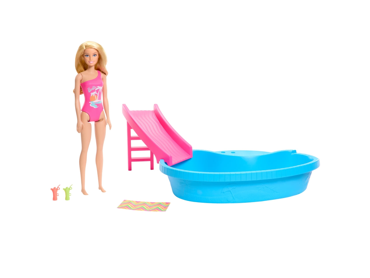 Barbie - Playset Piscina, con Bambola bionda in Costume Rosa Intero con Stampa Tropicale, Include Piscina, Scivolo, Telo e Bevande, Giocattolo per Bambini, 3+ Anni - Mattel