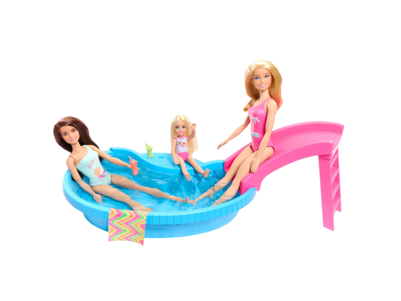 Barbie - Playset Piscina, con Bambola bionda in Costume Rosa Intero con Stampa Tropicale, Include Piscina, Scivolo, Telo e Bevande, Giocattolo per Bambini, 3+ Anni - Mattel