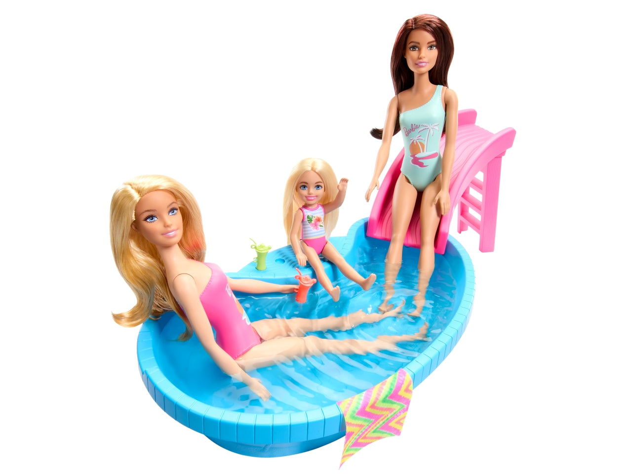 Barbie - Playset Piscina, con Bambola bionda in Costume Rosa Intero con Stampa Tropicale, Include Piscina, Scivolo, Telo e Bevande, Giocattolo per Bambini, 3+ Anni - Mattel