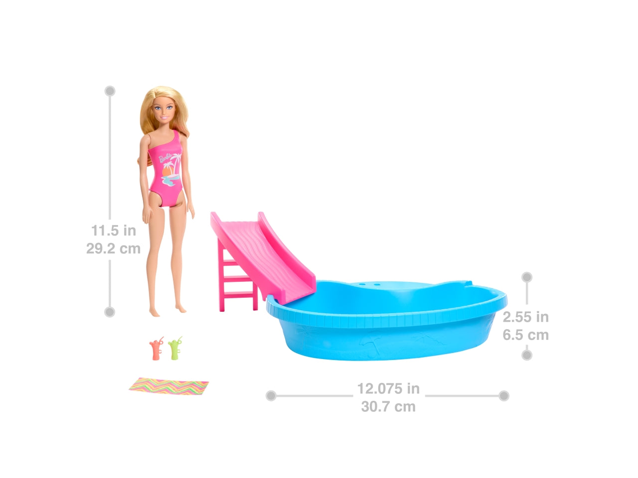 Barbie - Playset Piscina, con Bambola bionda in Costume Rosa Intero con Stampa Tropicale, Include Piscina, Scivolo, Telo e Bevande, Giocattolo per Bambini, 3+ Anni - Mattel