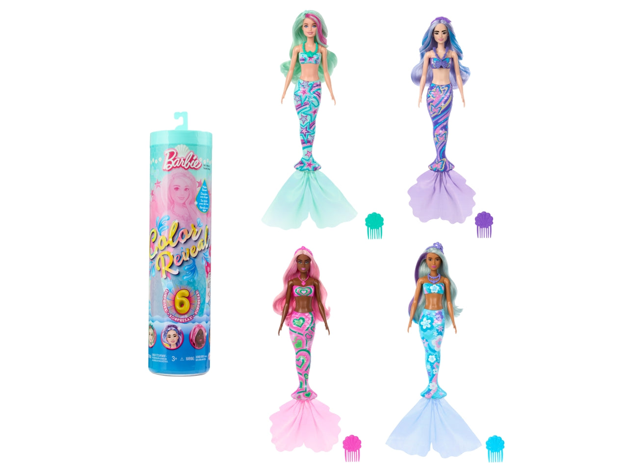 Barbie - Color Reveal Serie Sirena assortimento bambole con corpetto cambia colore 6 accessori a sorpresa da scoprire inclusi giocattolo per bambini 3+ anni HRK12