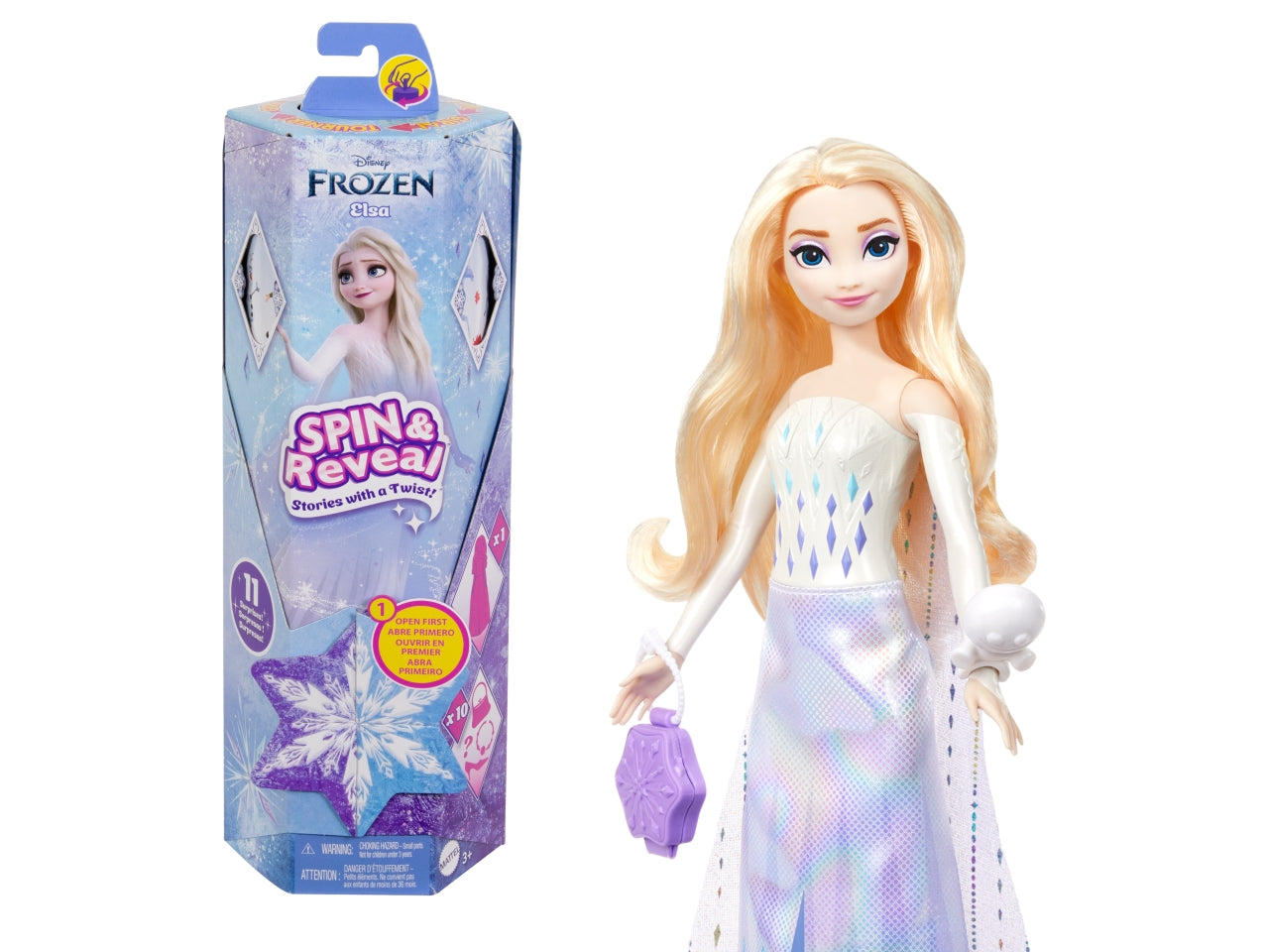 Mattel Disney Frozen - Elsa Spin & Reveal set con bambola e 11 sorprese da scoprire 5 accessori e 5 adesivi inclusi look ispirato al film Disney giocattolo per bambini 3+ anni HTG25