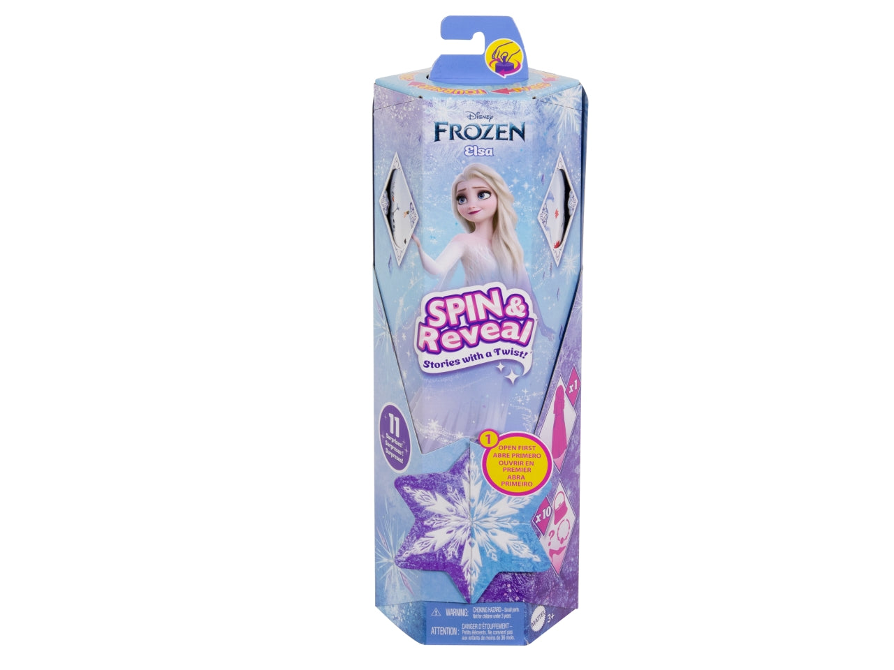 Mattel Disney Frozen - Elsa Spin & Reveal set con bambola e 11 sorprese da scoprire 5 accessori e 5 adesivi inclusi look ispirato al film Disney giocattolo per bambini 3+ anni HTG25