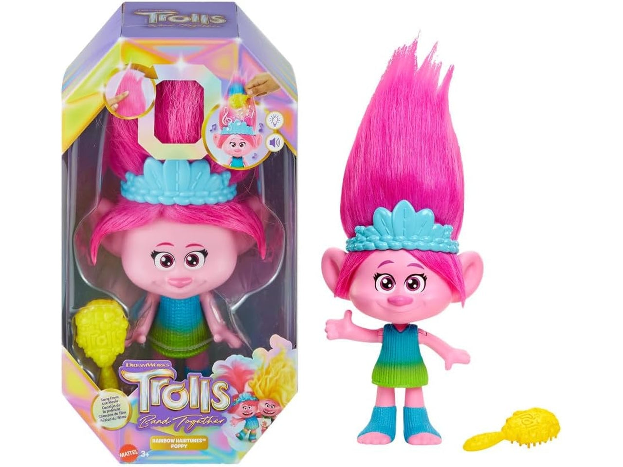 Trolls bambola Poppy musicale con spazzola 30 cm, per bambini 3+ anni, Mattel