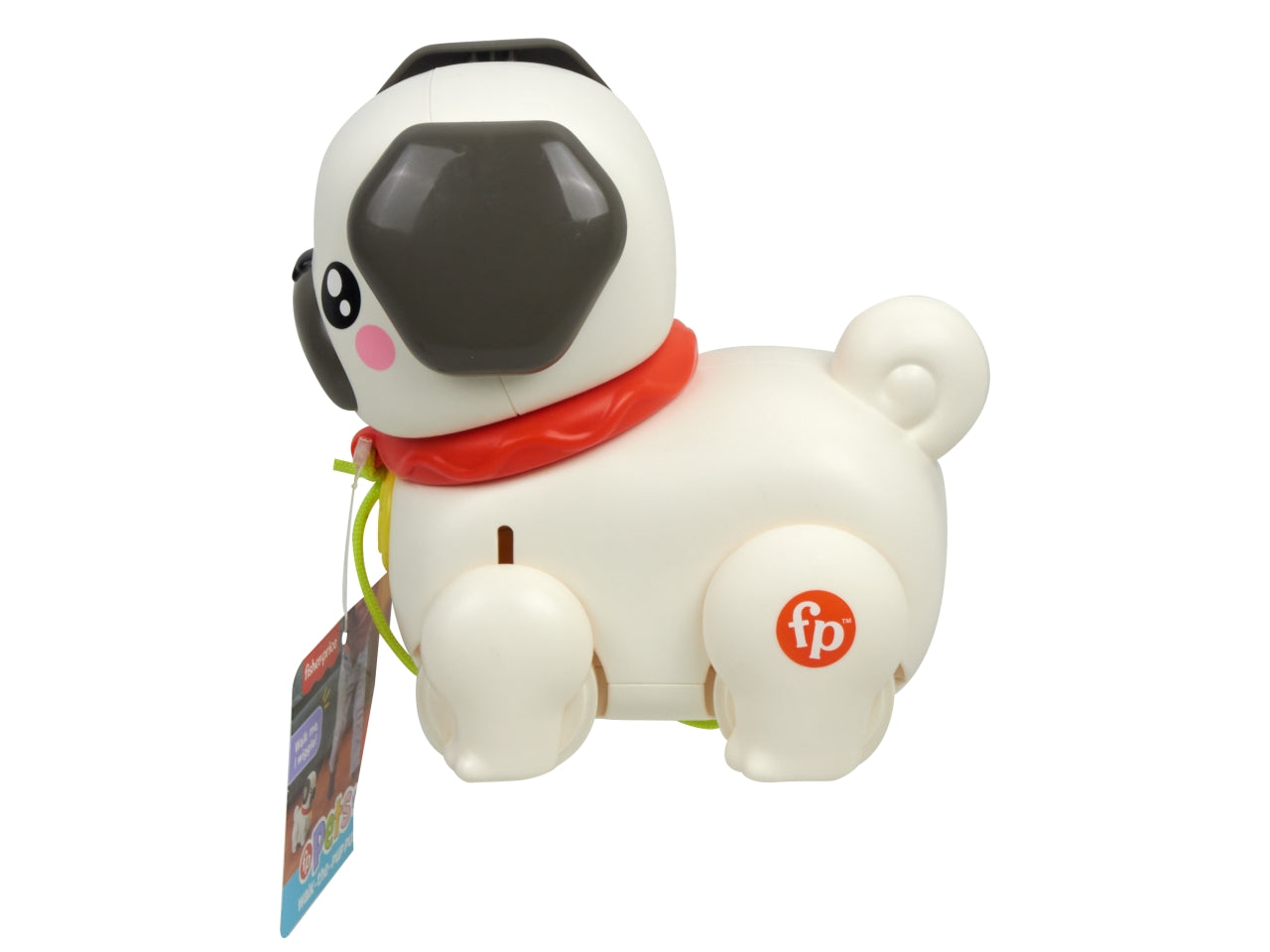 Fisher-Price Pets - Carlino Cammina con Me cucciolo trainabile con guinzaglio e suoni incoraggia a camminare e abbaia con il movimento giocatolo per bambini 12+ mesi HTW94