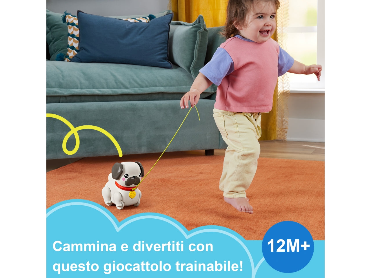 Fisher-Price Pets - Carlino Cammina con Me cucciolo trainabile con guinzaglio e suoni incoraggia a camminare e abbaia con il movimento giocatolo per bambini 12+ mesi HTW94