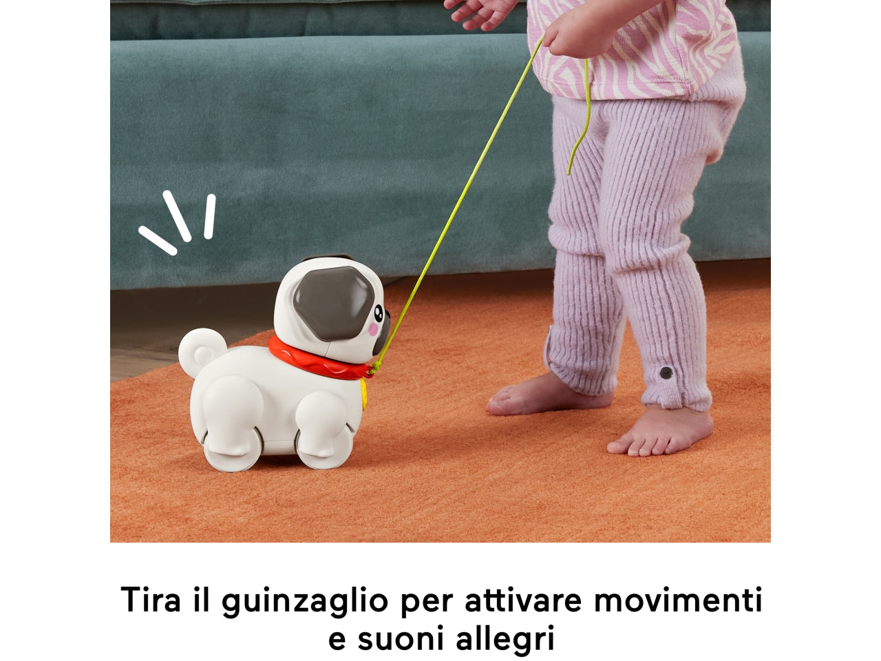 Fisher-Price Pets - Carlino Cammina con Me cucciolo trainabile con guinzaglio e suoni incoraggia a camminare e abbaia con il movimento giocatolo per bambini 12+ mesi HTW94