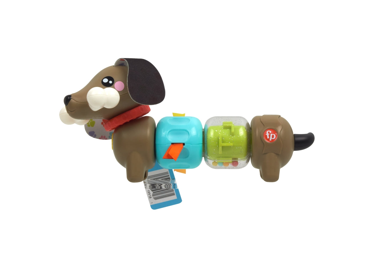 Fisher-Price Pets - Bassotto Gira e Gioca cucciolo per il gioco sensoriale con sonaglino e coda girevole clac clac orecchie e lingua morbide giocattolo per bambini 6+ mesi HTW91