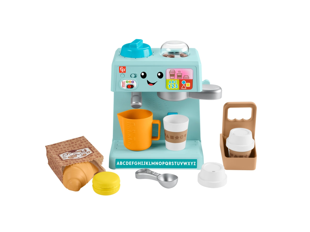 Fisher-Price - La Mia Prima Macchinetta del Caffè set Smart Stages per l'apprendimento con pulsanti musica e suoni 2 tazze e 8 accessori inclusi giocattolo per bambini 18+ mesi HYT02