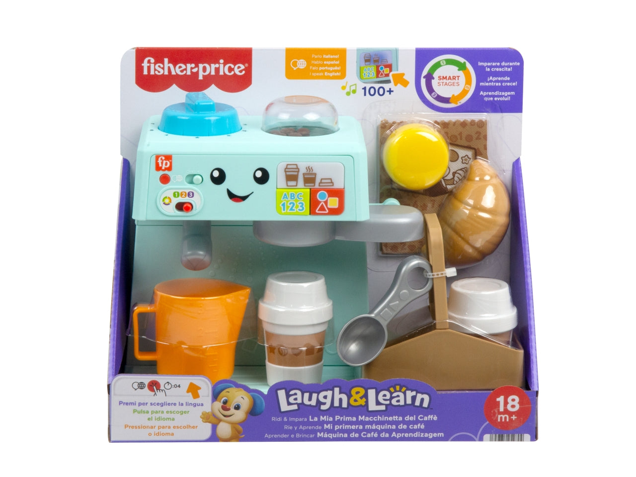 Fisher-Price - La Mia Prima Macchinetta del Caffè set Smart Stages per l'apprendimento con pulsanti musica e suoni 2 tazze e 8 accessori inclusi giocattolo per bambini 18+ mesi HYT02