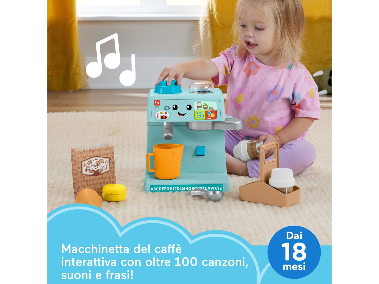 Fisher-Price - La Mia Prima Macchinetta del Caffè set Smart Stages per l'apprendimento con pulsanti musica e suoni 2 tazze e 8 accessori inclusi giocattolo per bambini 18+ mesi HYT02