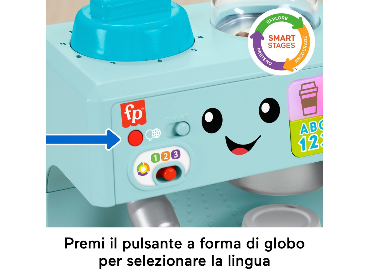 Fisher-Price - La Mia Prima Macchinetta del Caffè set Smart Stages per l'apprendimento con pulsanti musica e suoni 2 tazze e 8 accessori inclusi giocattolo per bambini 18+ mesi HYT02