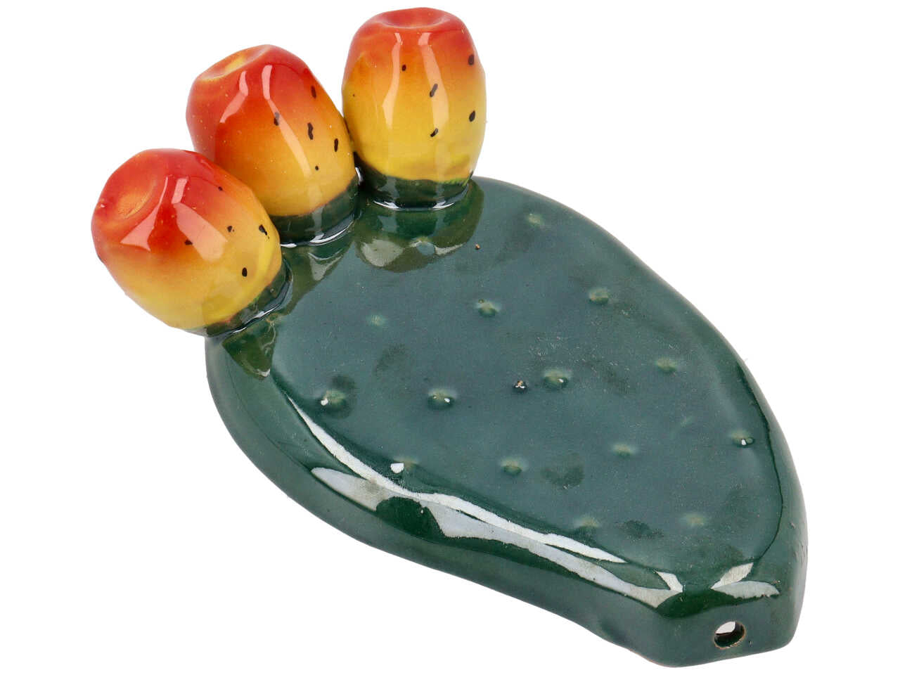 Pala fico d'india in ceramica smaltata da appendere, con 3 frutti stile mediterraneo di colore verde e arancio - 20x12x6 cm - Amiri