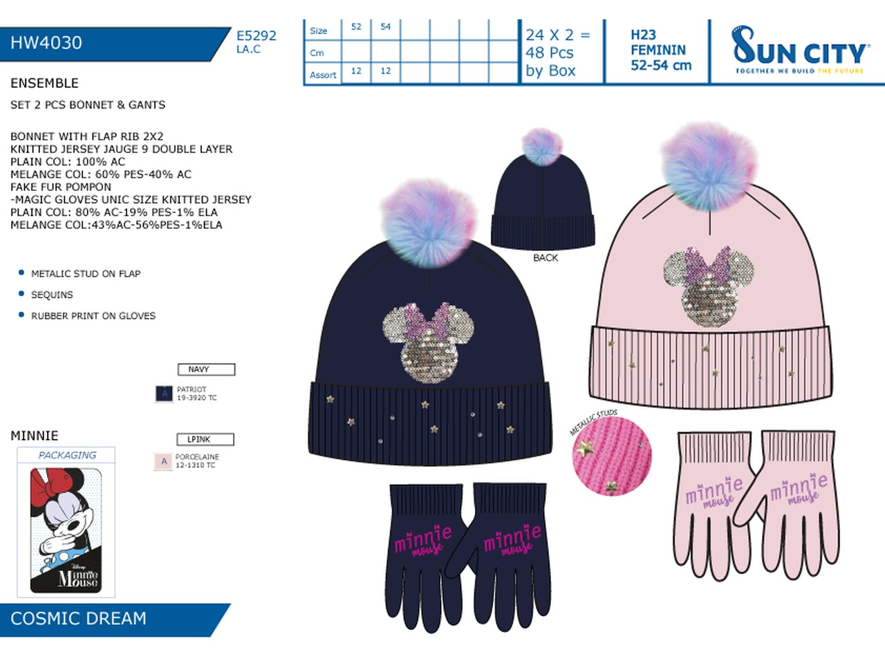 Minnie cappello e guanti taglie disponibili 52 e 54 - colori assortiti