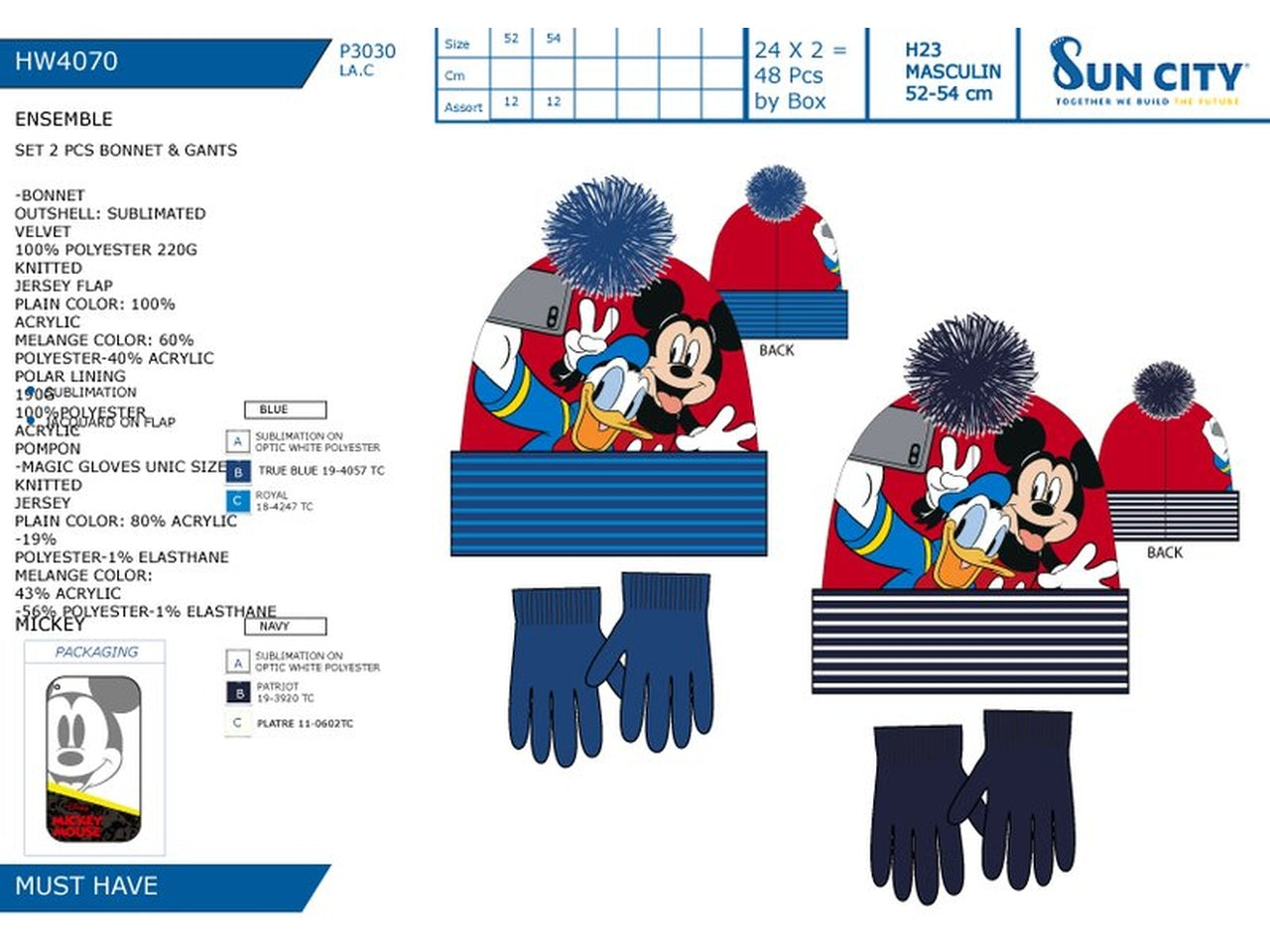 Mickey cappello e guanti taglie disponibili 52 e 54 - colori assortiti