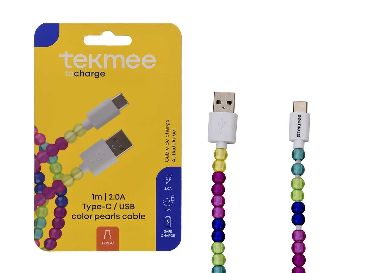 Tekmee cavo 1m usb / type-c con perle multicolor luminose