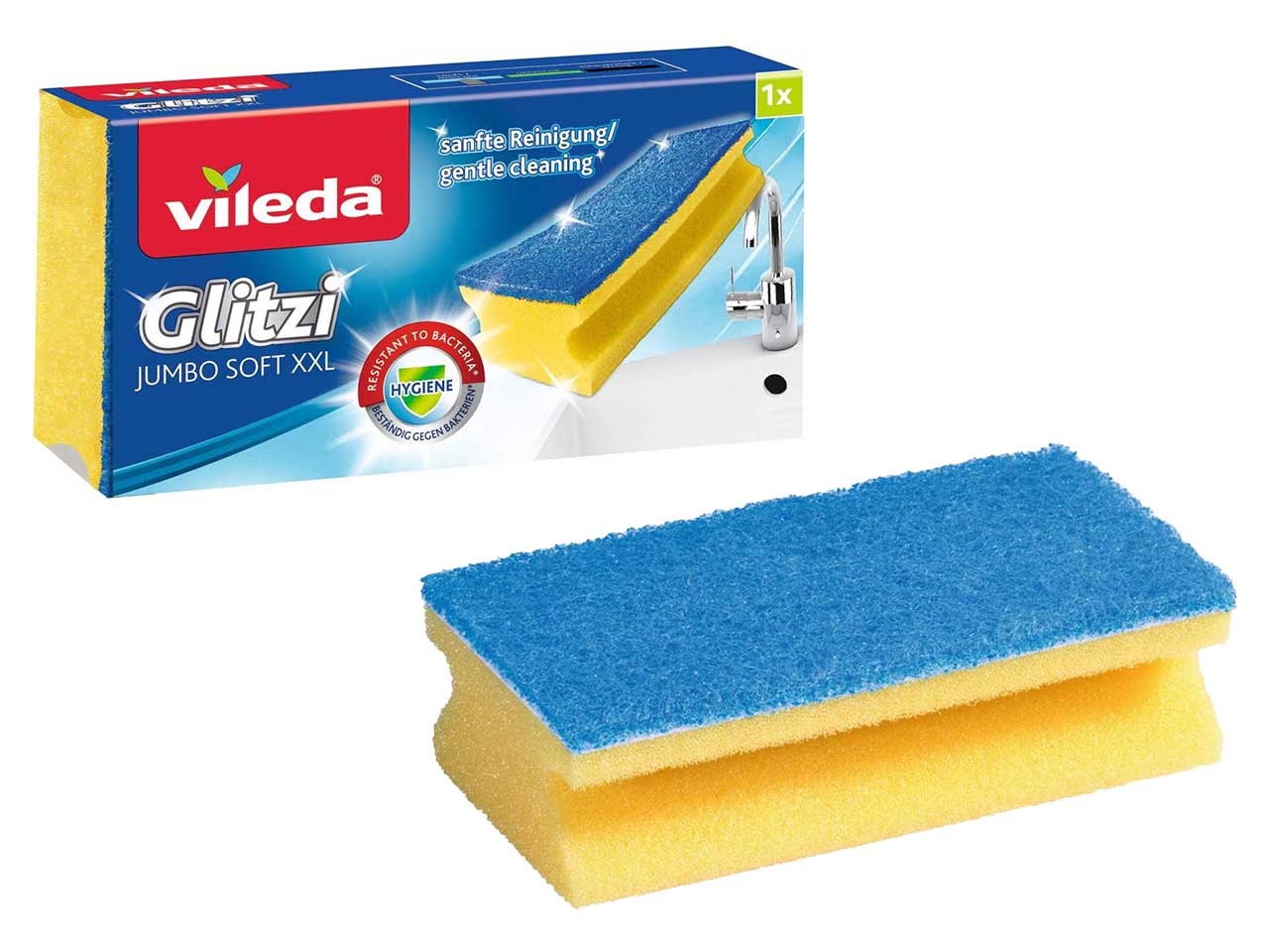 Spugna Glitzi Soft XXL ottima per la pulizia del Bagno, con Trattamento Antibatterico, Assorbente, Salvaunghie, Maxi formato XXL - Vileda