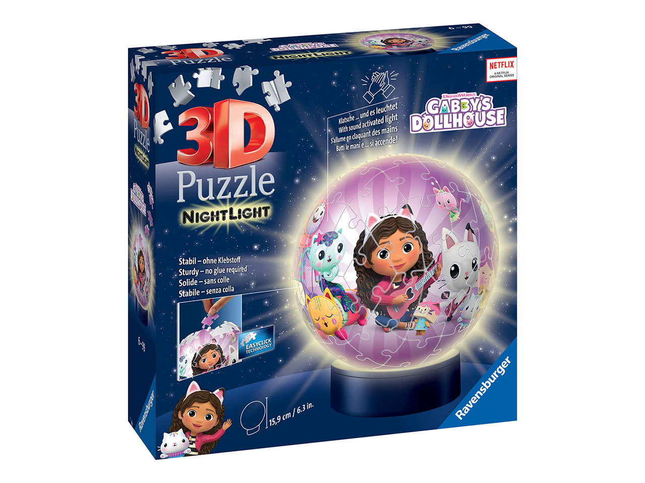 Nightlamp puzzle gabby's dollhouse composto da 72 pezzi per comporre una lampada da comodino a led con meccanismo di applauso