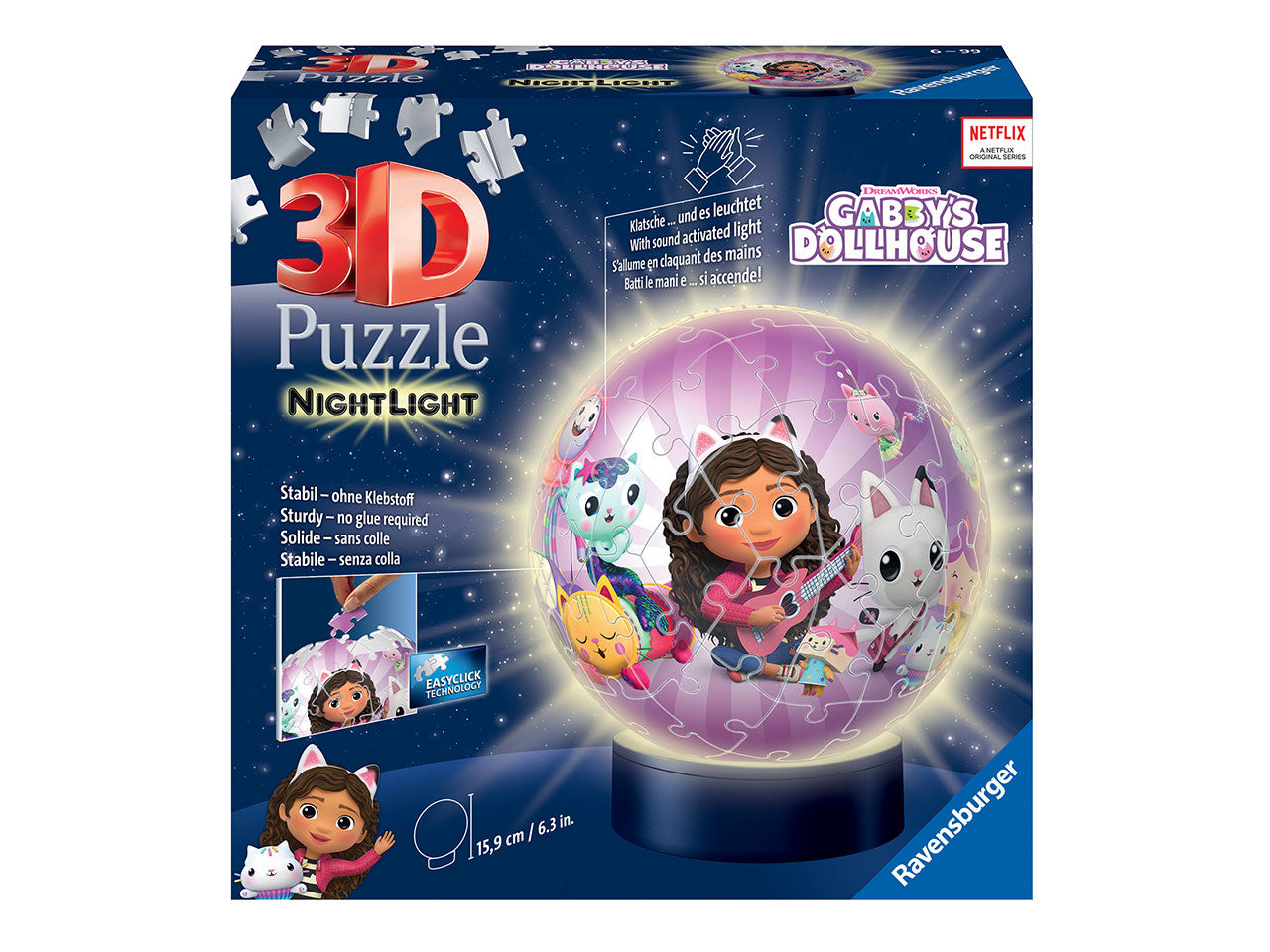 Nightlamp puzzle gabby's dollhouse composto da 72 pezzi per comporre una lampada da comodino a led con meccanismo di applauso