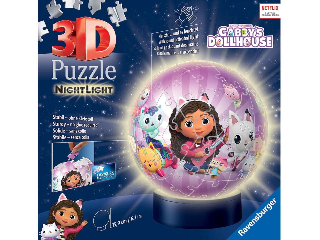 Nightlamp puzzle gabby's dollhouse composto da 72 pezzi per comporre una lampada da comodino a led con meccanismo di applauso