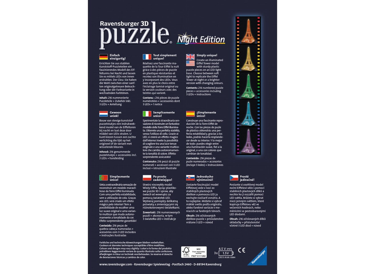 Puzzle 3d tour eiffel c/luce 12579