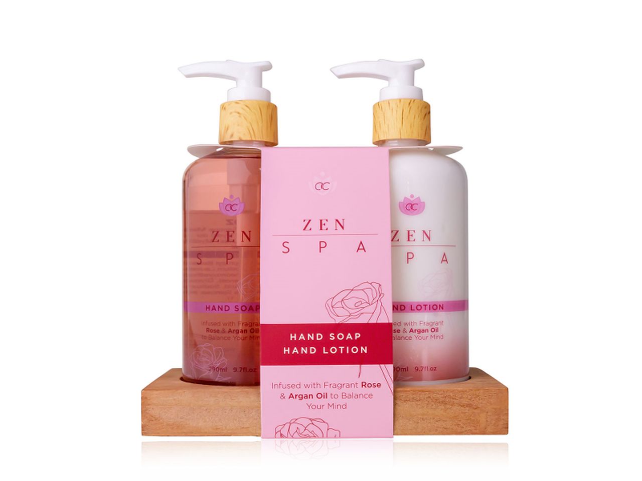 Zen spa set cura mani su vassoio in legno, sapone mani da 290ml, lozione mani da 290ml. fragranza rose e argan