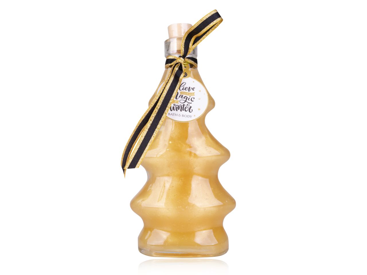 Bagnodoccia gel winter magicin bottiglia a forma di albero di natale da 280ml decorazione nastro a strisce oro e nero fragranza vaniglia colore oro metallizzato