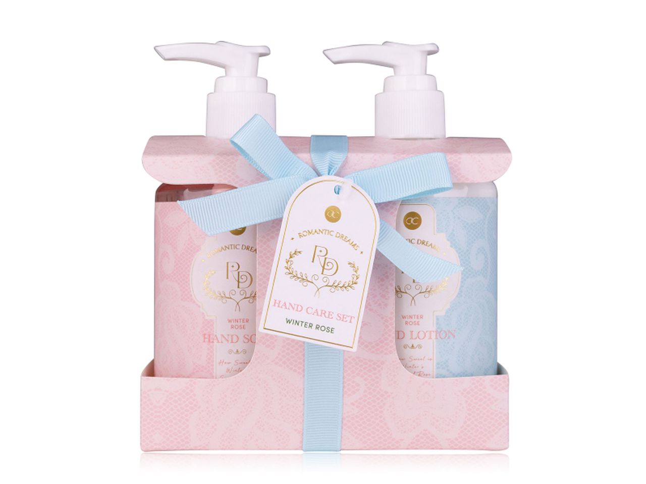 Set per la cura delle mani romantic dreams in confezione regalo - la confezione comprende 1 sapone per le mani da 300ml 1 lozione per le mani da 300ml in dispenser fragranza rose invernali colori rosa chiaro oro e azzurro $