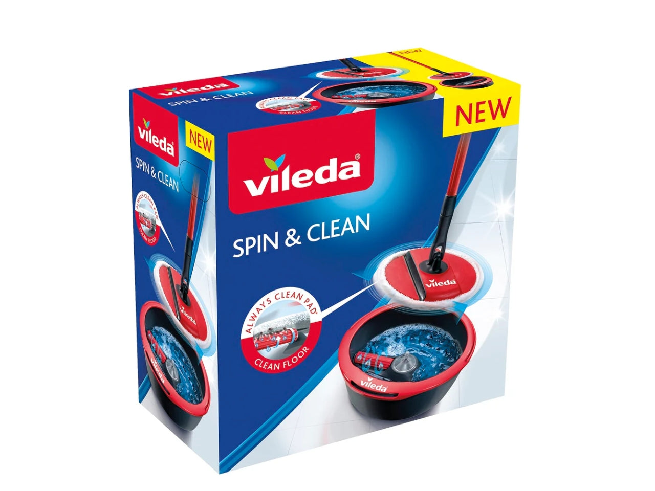 Lavapavimenti Spin & Clean con Sistema di Strizzatura Manuale attivabile attraverso il Manico, Set per la Pulizia dei Pavimenti con Secchio, Rullo pulente, Piastra, Panno 100% Microfibra - Vileda